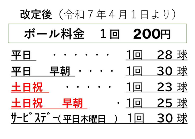 ボール使用料金（１球あたり）
